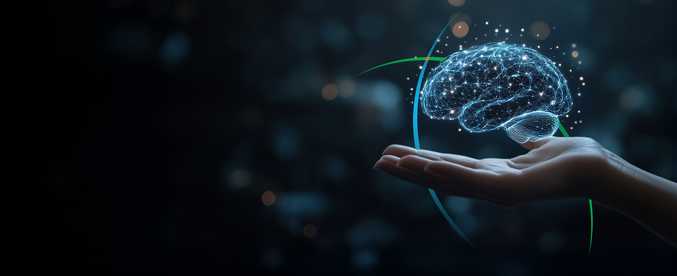 banner showing a hand holding an abstract depiction of a brain