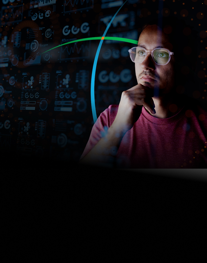 banner showing a man deep in thought while he looks at multiple analytics dashboards  