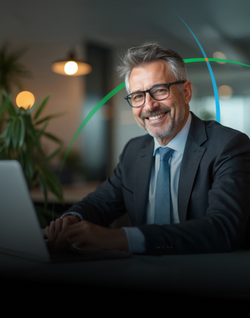 banner showing a smiling business professional using a laptop