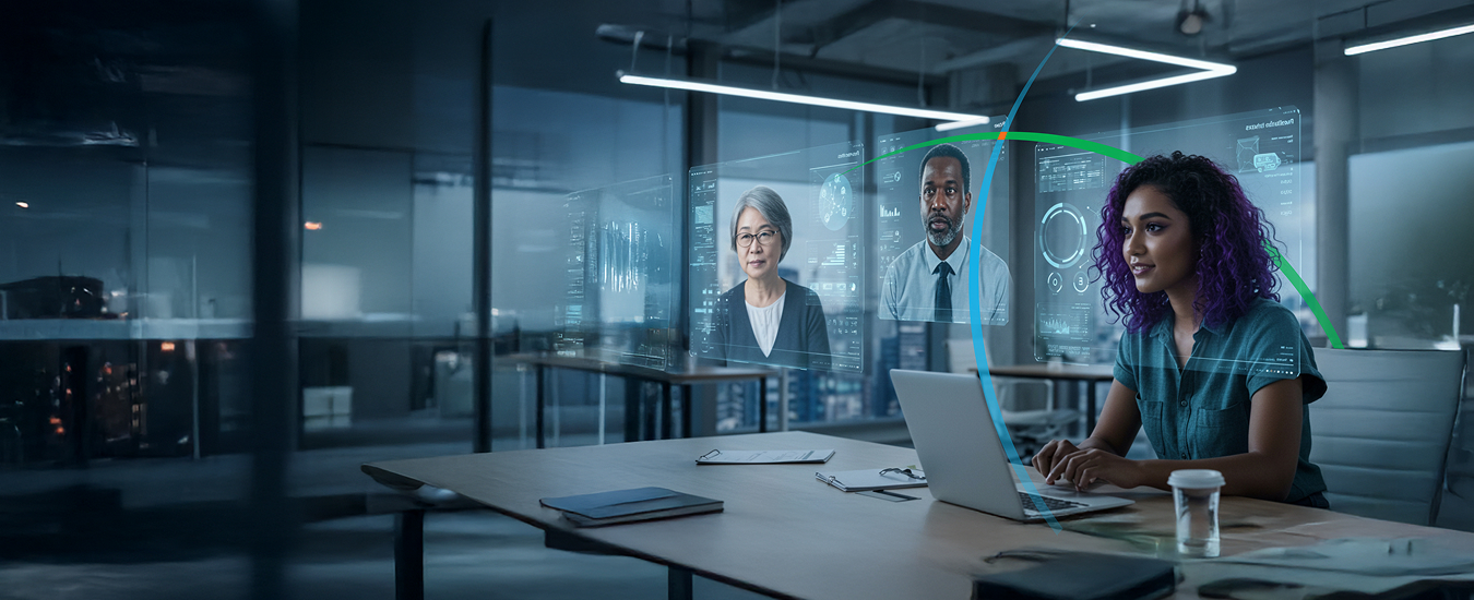 banner showing a life sciences professional looking at customer profiles on her laptop