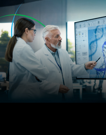 banner showing two medical professionals having a discussion while looking at DNA strands displayed on a large screen
