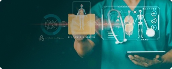 a healthcare professional holding a tablet with one hand while interacting with abstract depictions of patient data