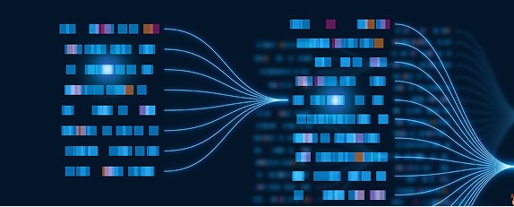 illuminated blocks and converging lines forming an abstract depiction of data streams 