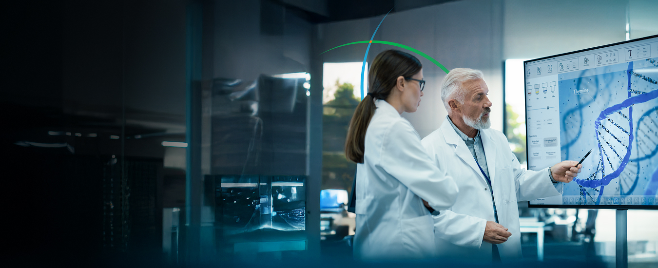 banner showing two medical professionals having a discussion while looking at DNA strands displayed on a large screen