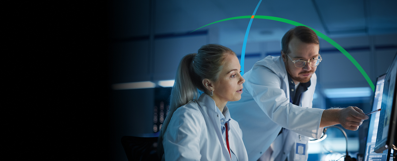 banner showing two life sciences professionals looking at a computer screen