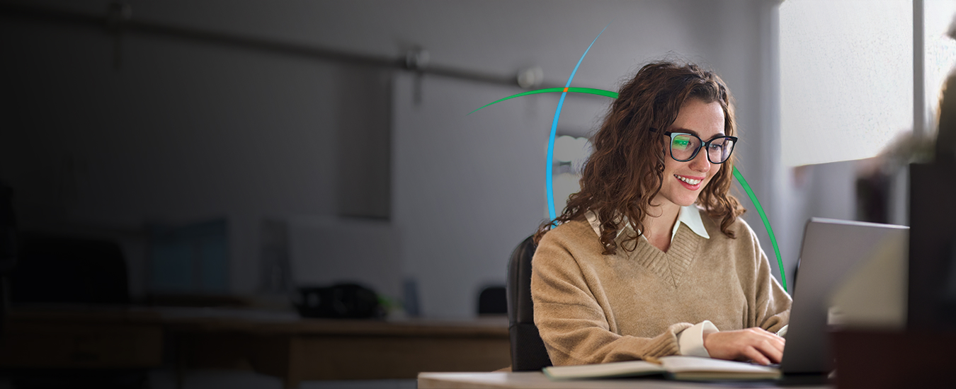 banner showing a woman working on her laptop