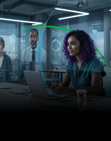banner showing a life sciences professional looking at customer profiles on her laptop