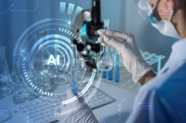 a life sciences professional working in a lab with abstract depictions of data and AI in the foreground