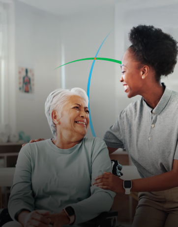 banner showing a young woman smiling and talking to an elderly woman
