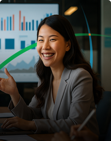 banner showing two business professionals having a discussion with a large screen displaying graphs in the background