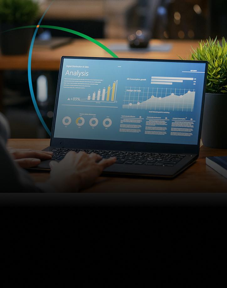 banner showing a person using a laptop to interact with analytics dashboards