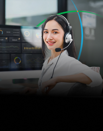 banner showing a woman sitting in front of a computer screen displaying analytics dashboards
