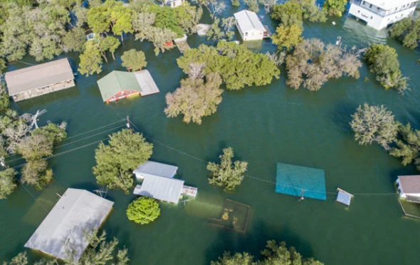 overhead shot showing a flooded neighborhood