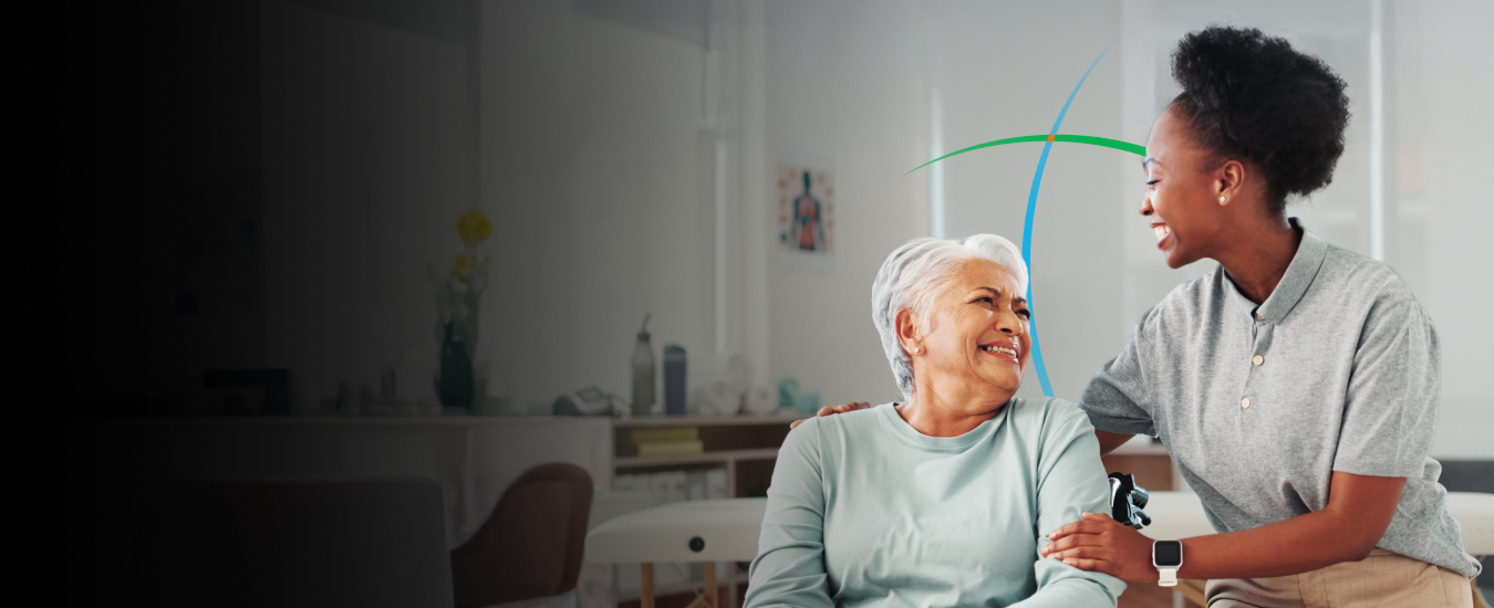 banner showing a young woman smiling and talking to an elderly woman