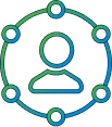 line art depicting a person surrounded by circular nodes