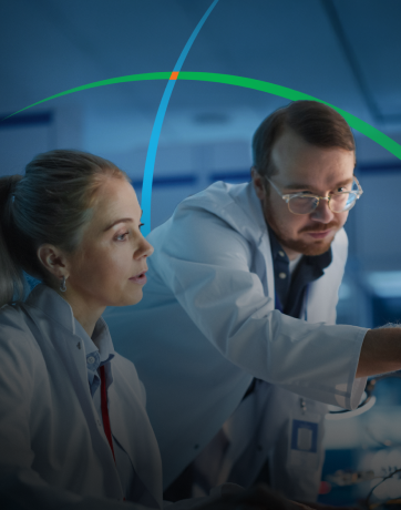 banner showing two life sciences professionals looking at a computer screen
