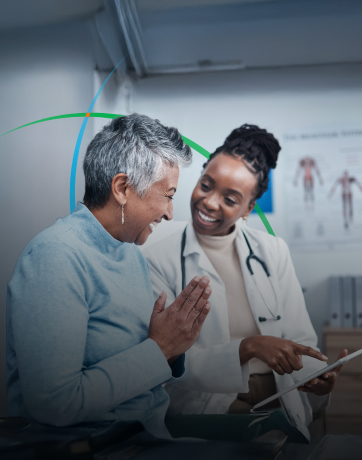 banner showing a healthcare professional and a patient smiling while looking at a tablet screen