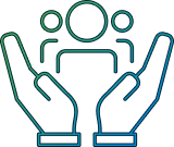 line art depicting a group of people between two hands