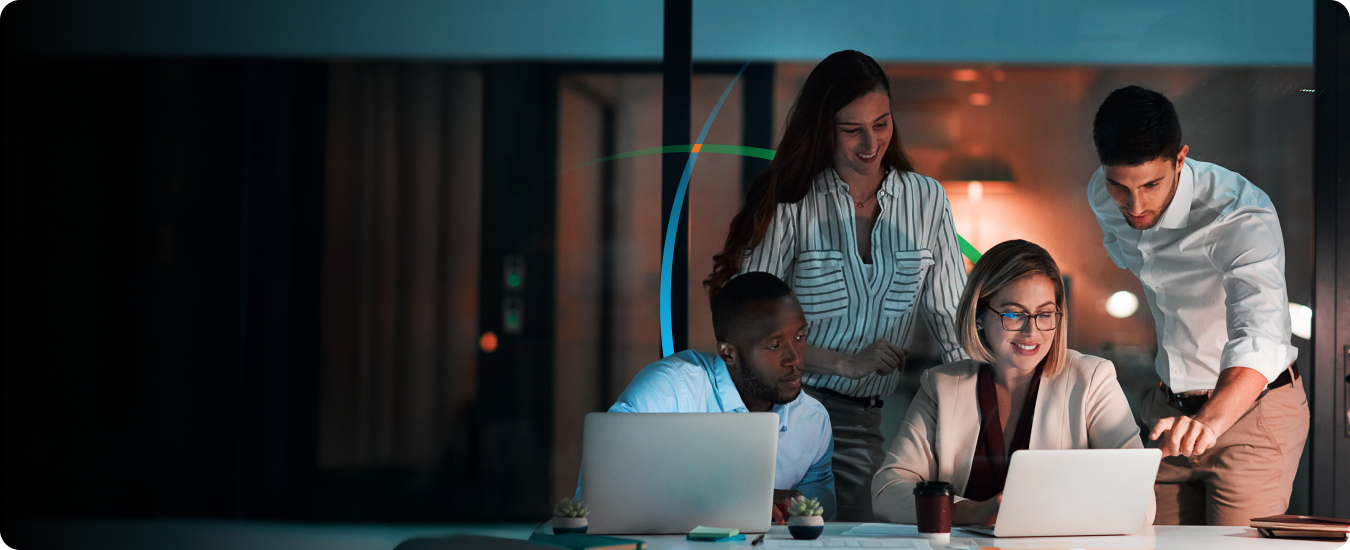 banner showing a team of business professionals having a discussion while looking at a laptop screen