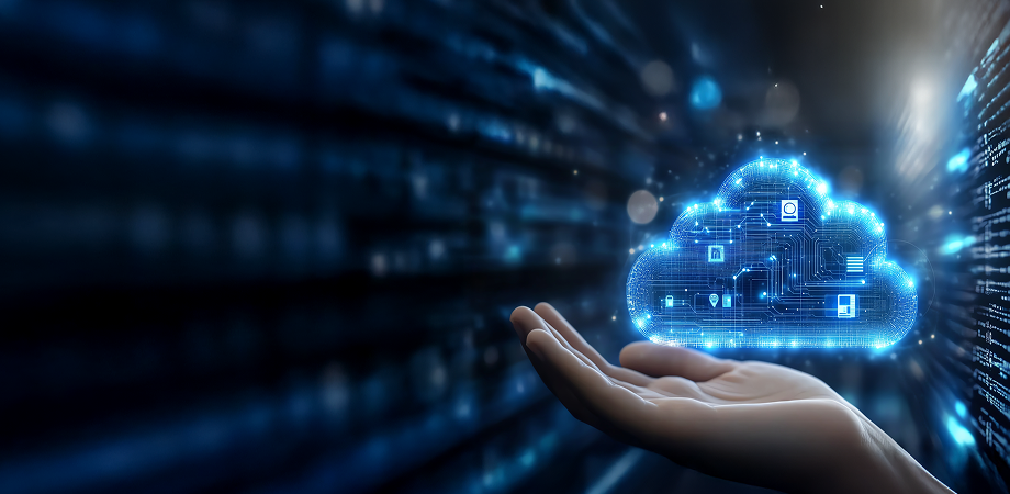 a hand holding an abstract depiction of cloud technology