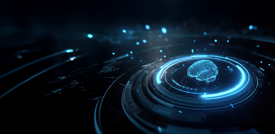 an abstract depiction of a brain surrounded by concentric blue rings of light