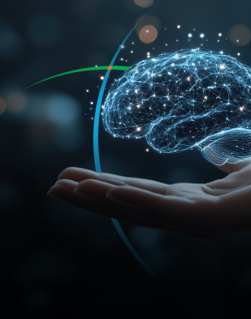banner showing a hand holding an abstract depiction of a brain
