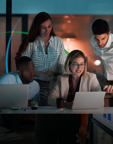 banner showing a team of business professionals having a discussion while looking at a laptop screen