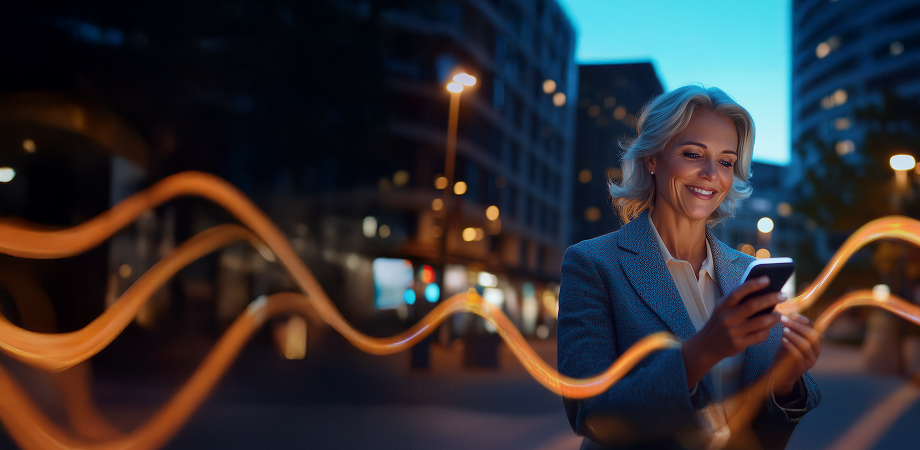 a woman smiling and looking at her phone while surrounded by waves of light